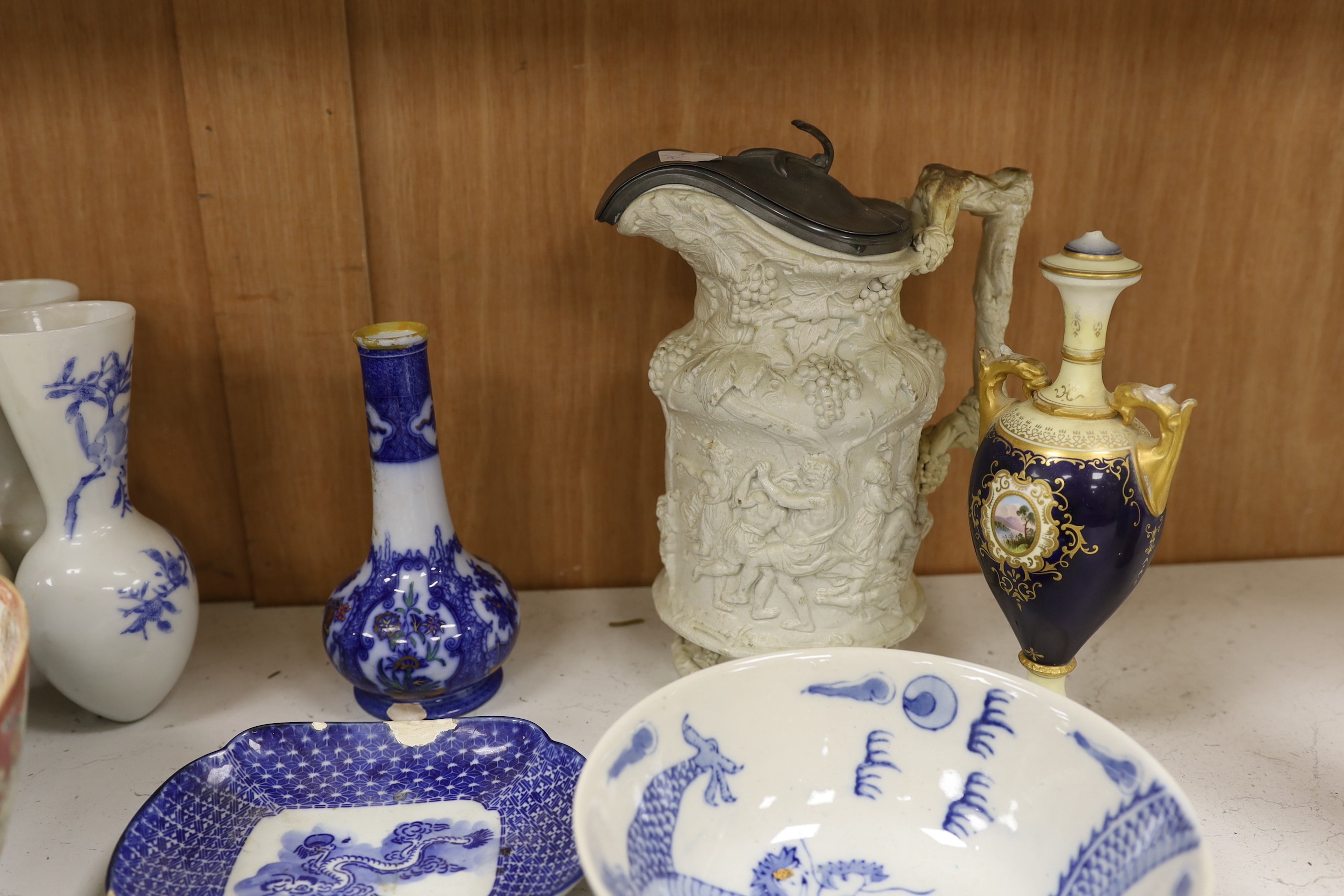Two First Period Worcester saucers, together with a quantity of decorative Continental and Chinese ceramics, tallest 30cm